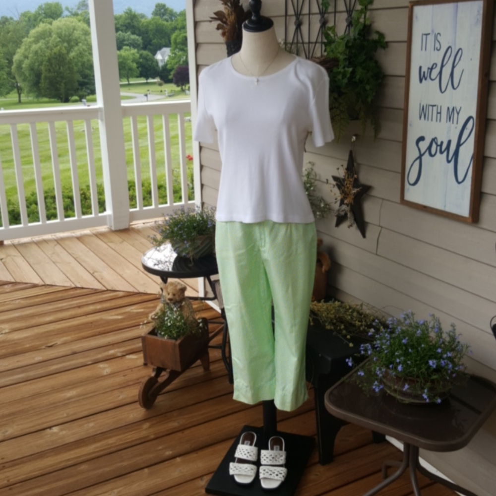 LIZ CLAIBORNE ♡ Sweet Vintage Lime Green | Aqua 'n White Hi-Rise Floral Capris 4